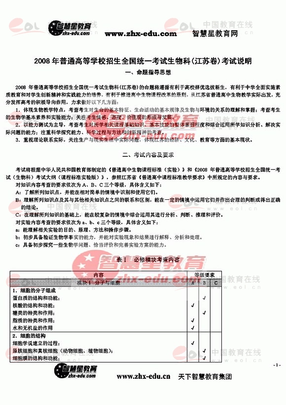 2008年全国高考生物(江苏卷)考试说明 -江苏高